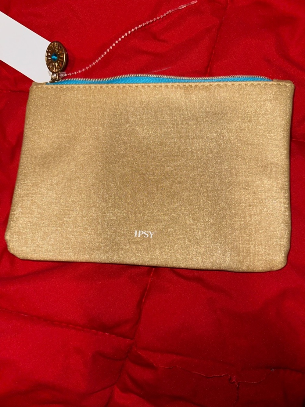 ipsy Metallic Gold Cosmetic Pouch with Turquoise Zipper